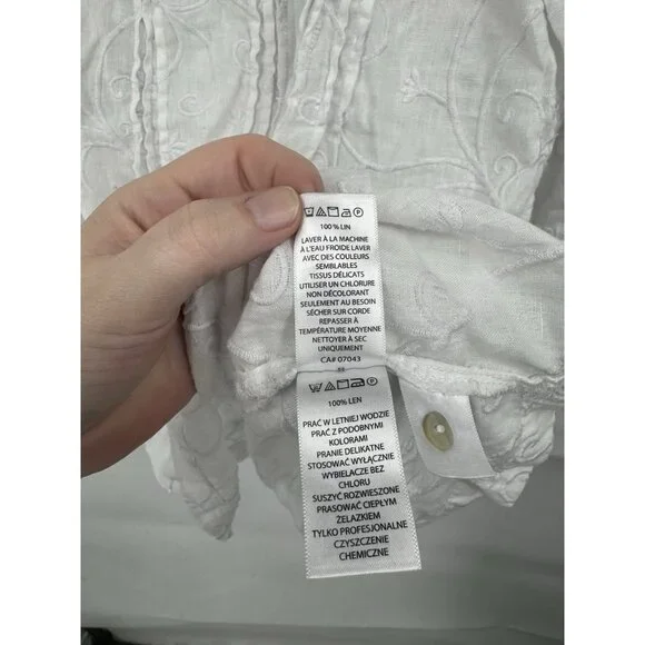 Kenar 100% Linen Shirt Women XL White Embroidered Roll Tab Sleeve Coastal Beach - Picture 4 of 8
